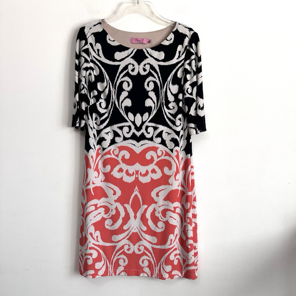 Eliza J Sheath Dress 8 Black White Orange Short Sleeve Stretch Lined Party Work - Picture 1 of 12